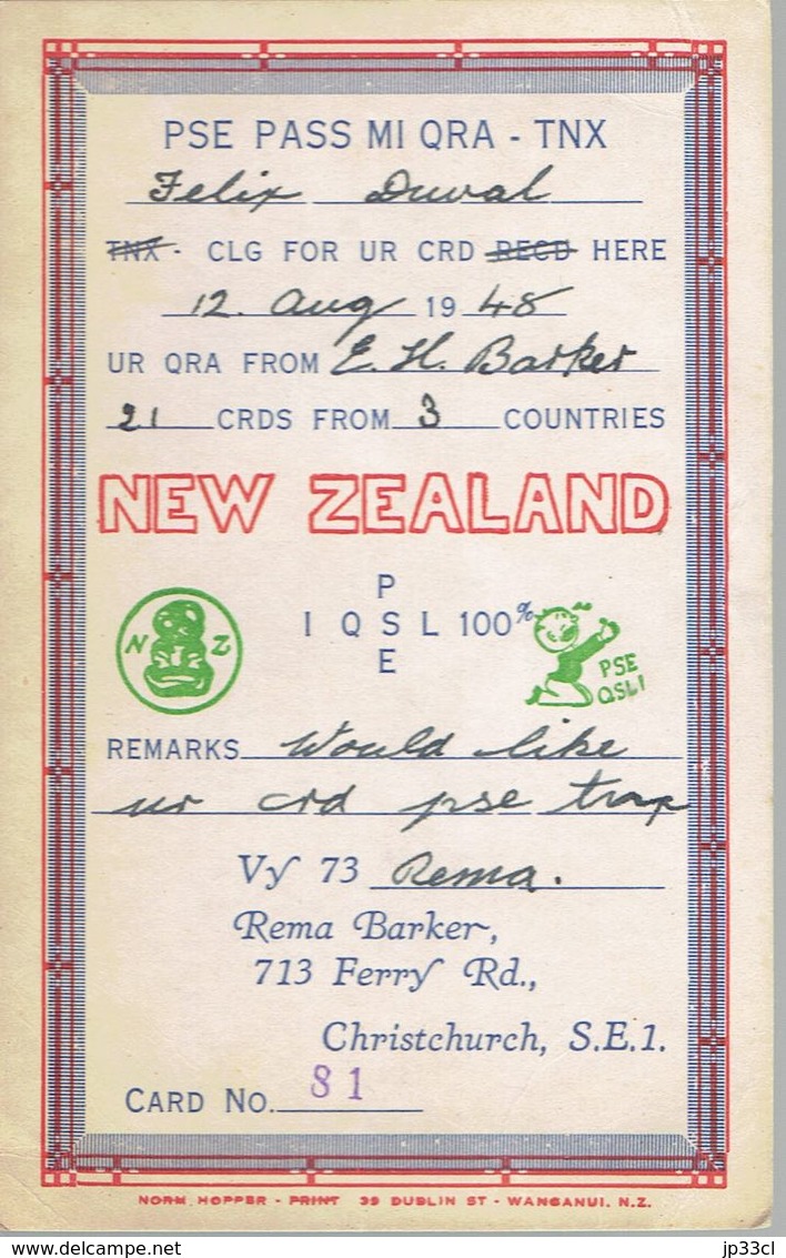 Old QSL From Rema Barker, Ferry Rd., Christchurch, New Zealand (12/8/1945) - CB-Funk