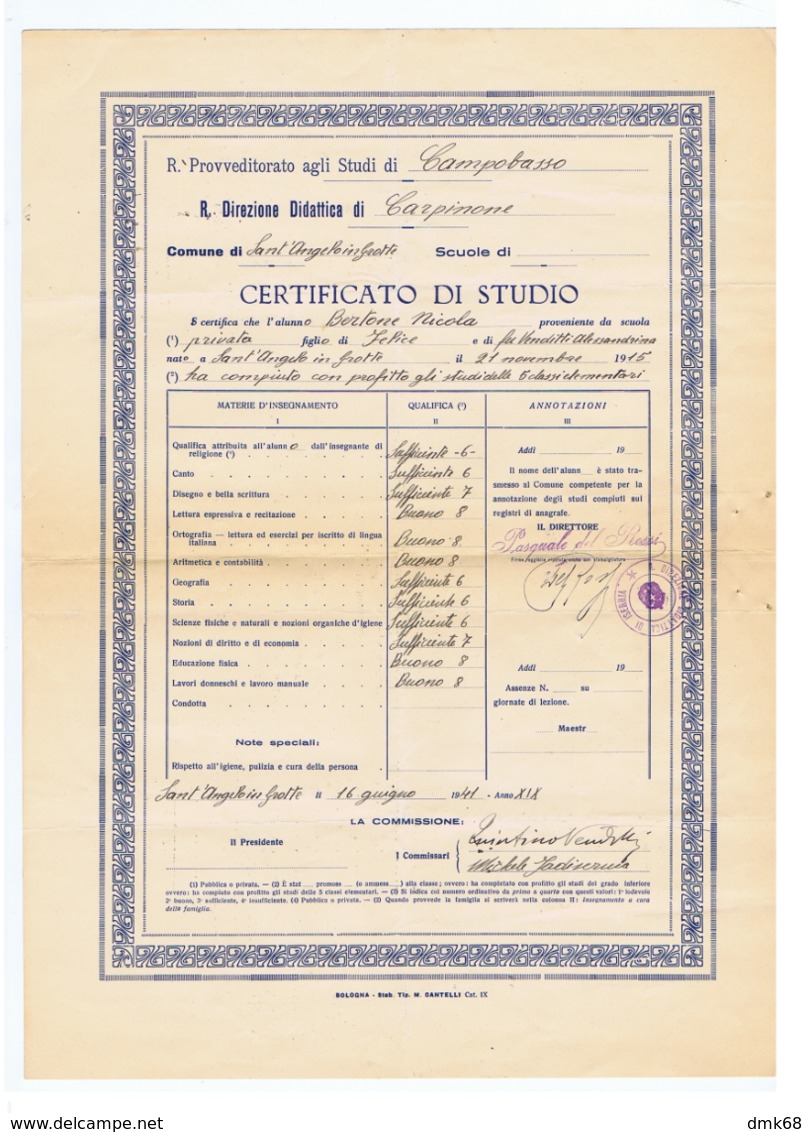 CARPINONE ( ISERNIA ) CERTIFICATO DI STUDIO - 1941 - Diplômes & Bulletins Scolaires