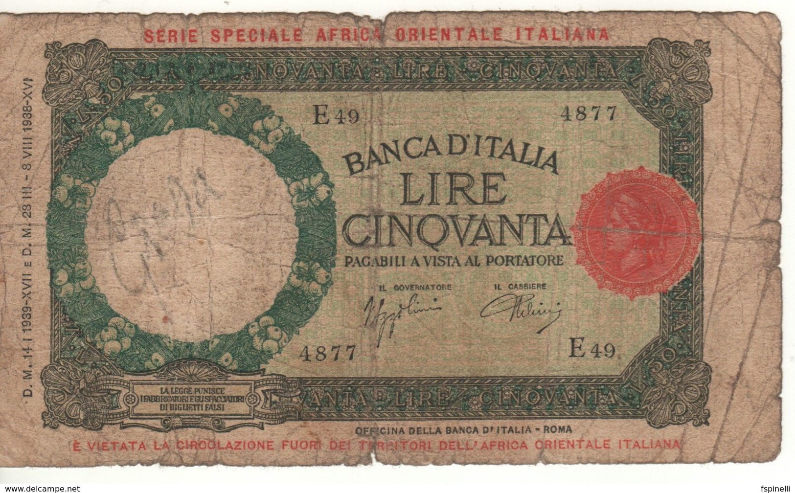 ITALY   Serie Speciale Africa Orientale  Italiana   50 Lire  1939 - Italiaans Oost-Afrika