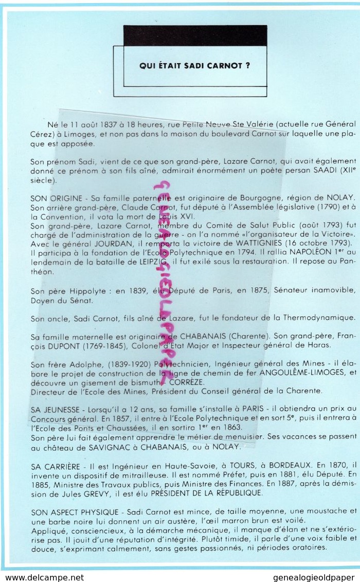 87 - LIMOGES- SADI CARNOT 100 E ANNIVERSAIRE ELECTION PRESIDENT REPUBLIQUE 1887-1987-LOUIS LONGEQUEUE- - Limousin