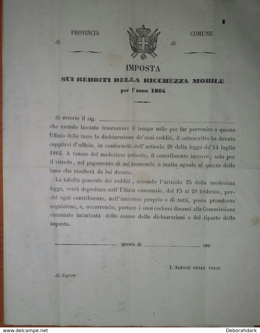 MODULO PAGAMENTO REDDITO NON COMPILATO ANNO 1864 - Italy