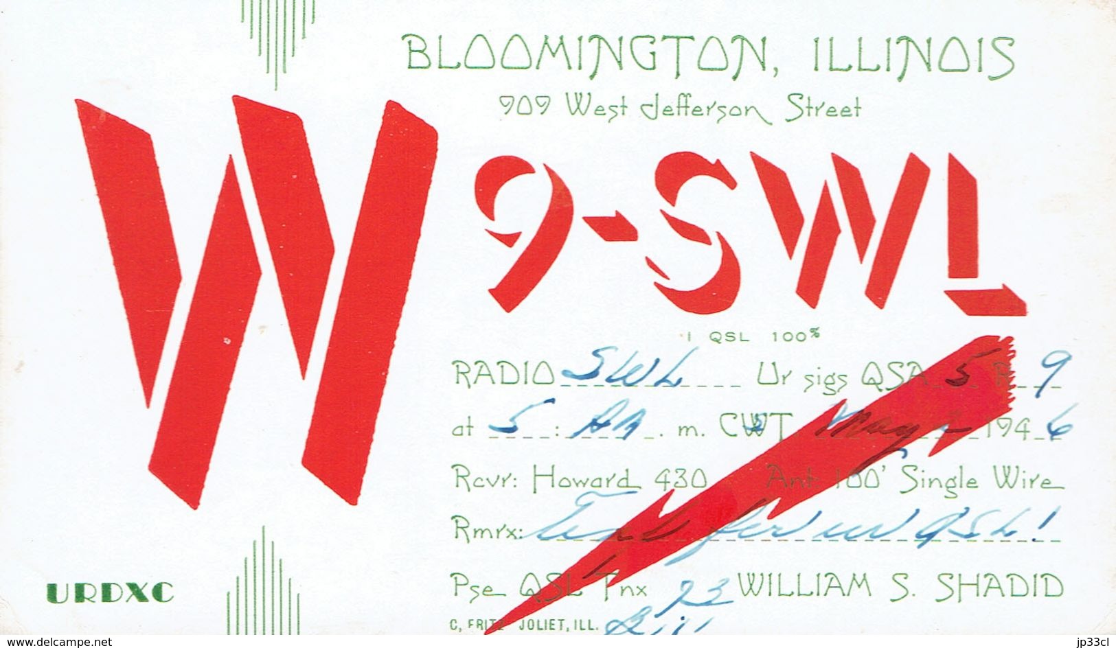 Old QSL From William S Shadid (W9-SWL), West Jefferson St., Bloomington, Ill., USA, May 2/1946 - CB-Funk