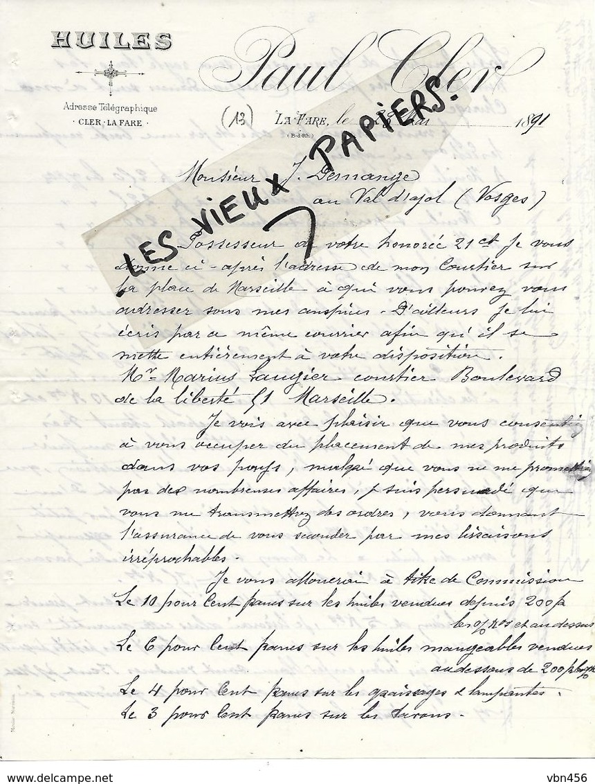 13 - Bouches-du-rhône - LA FARE - Facture CLER - Huiles - 1891 - REF 158C - 1800 – 1899