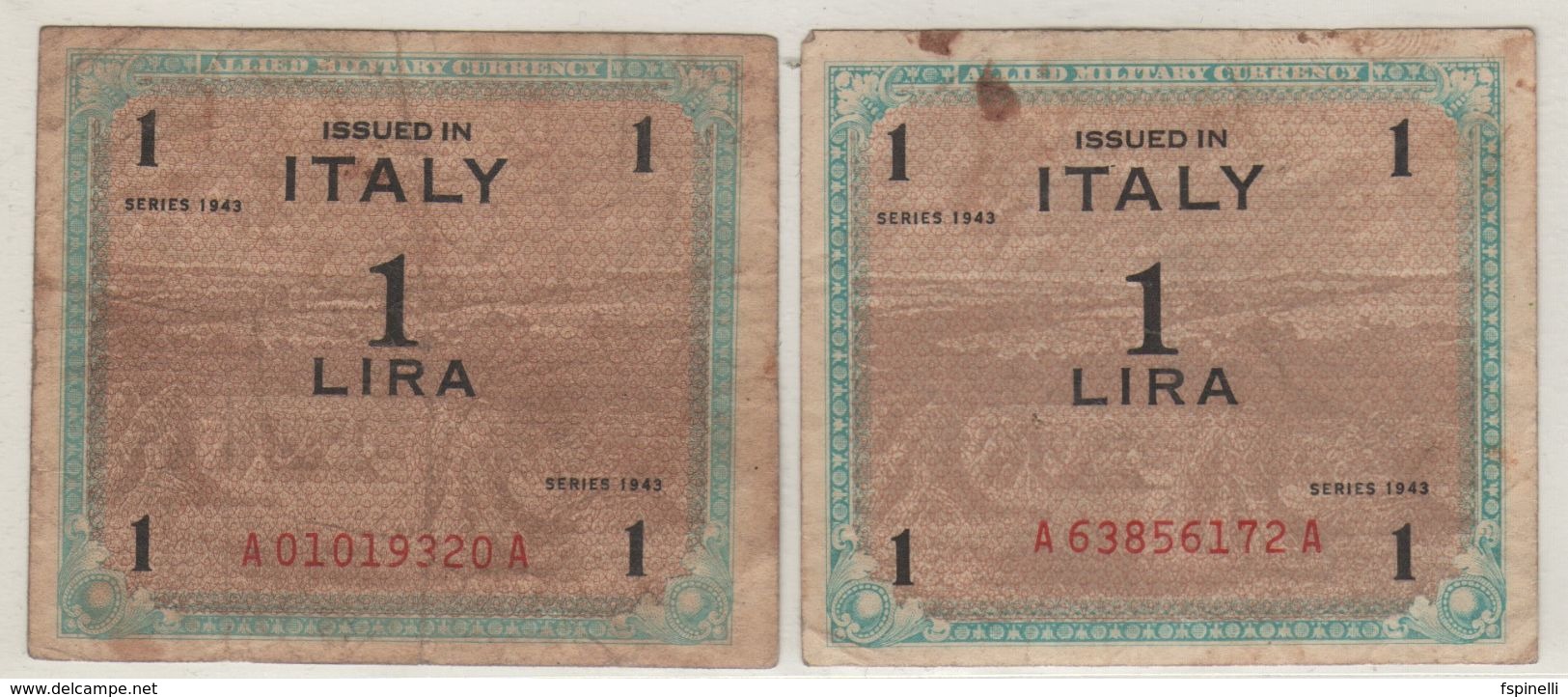 ITALY    AM Lire  Coppia 1 Lira   BEP & FLC    1943   ( WWII ) - Ocupación Aliados Segunda Guerra Mundial
