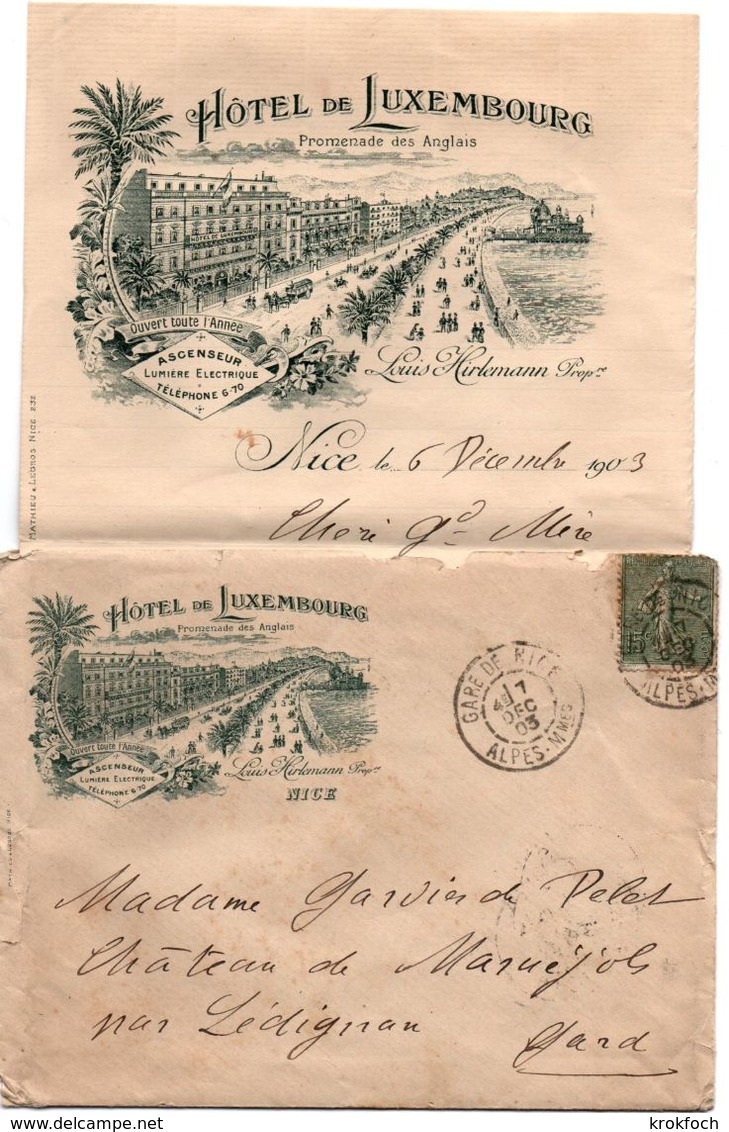 Nice - Hôtel De Luxembourg - Promenade Des Anglais - Enveloppe Et Lettre 1903 - Publicités