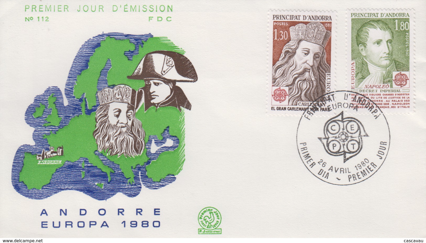 Enveloppe  FDC  1er  Jour  ANDORRE   EUROPA    NAPOLEON  1er  -  CHARLEMAGNE     1980 - FDC