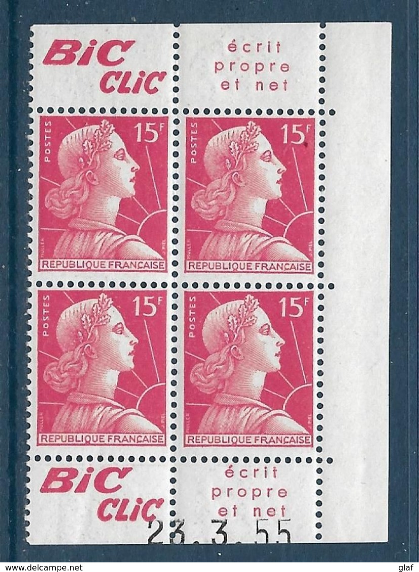 15 F Marianne De Muller Bloc De 4 De Carnets De 20 Avec Publicité "Bic Clic" Daté 28.3.1955 Neuf Sans Trace De Charnière - 1955-1961 Marianne De Muller