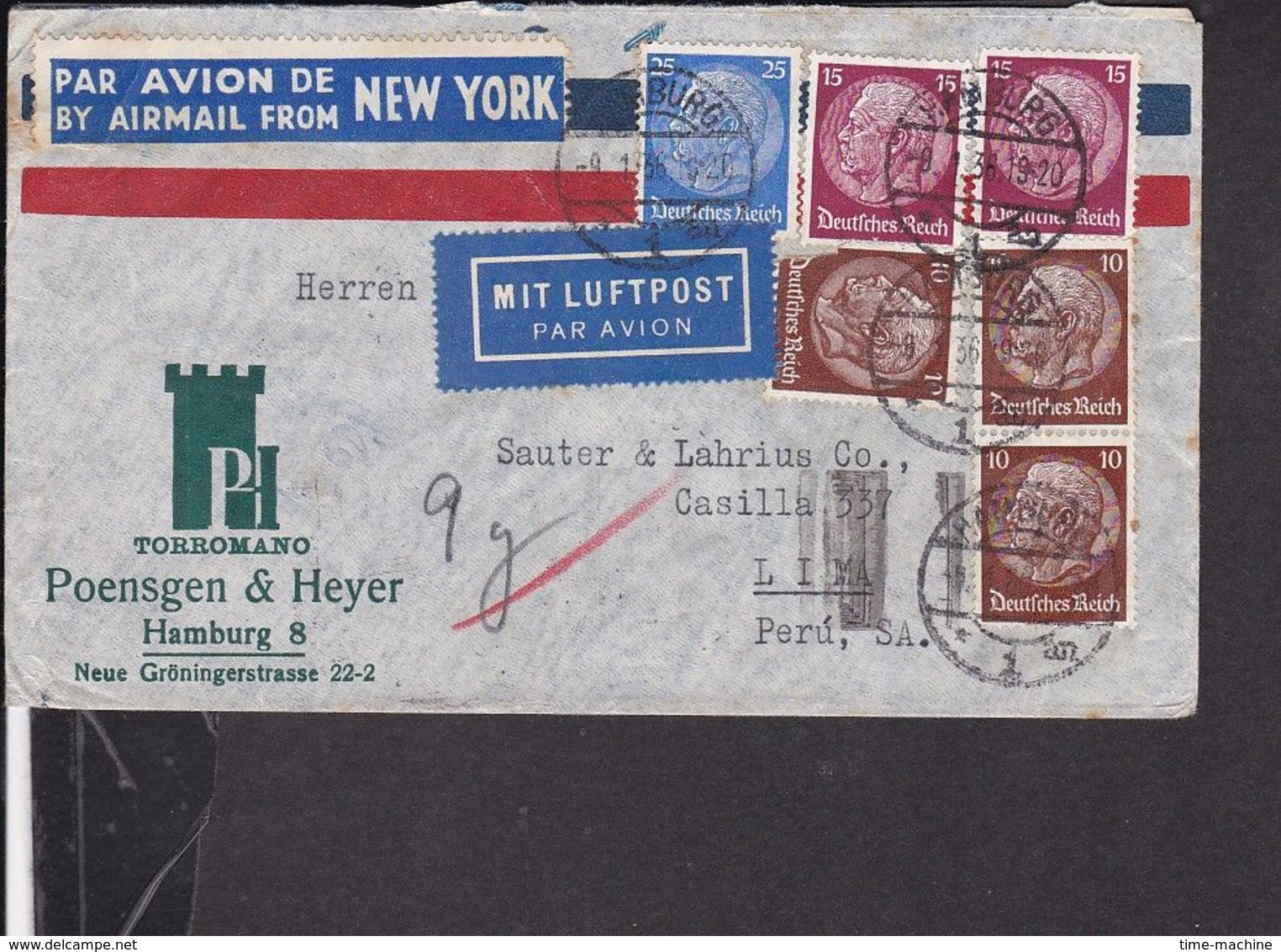 Luftpost Brief Deutsches Reich Stempel Hamburg 1936  Nach Peru  (gi64) - Brieven En Documenten