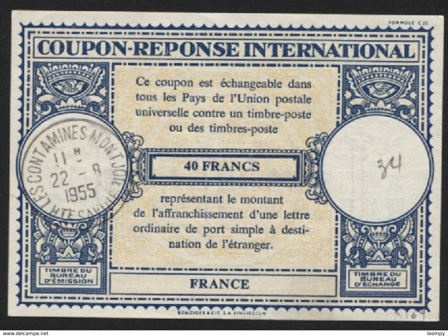 FRANCE - Coupon Réponse International 40fr Obl CONTAMINES 1955 - International Reply Coupon Antwortschein - Coupons-réponse