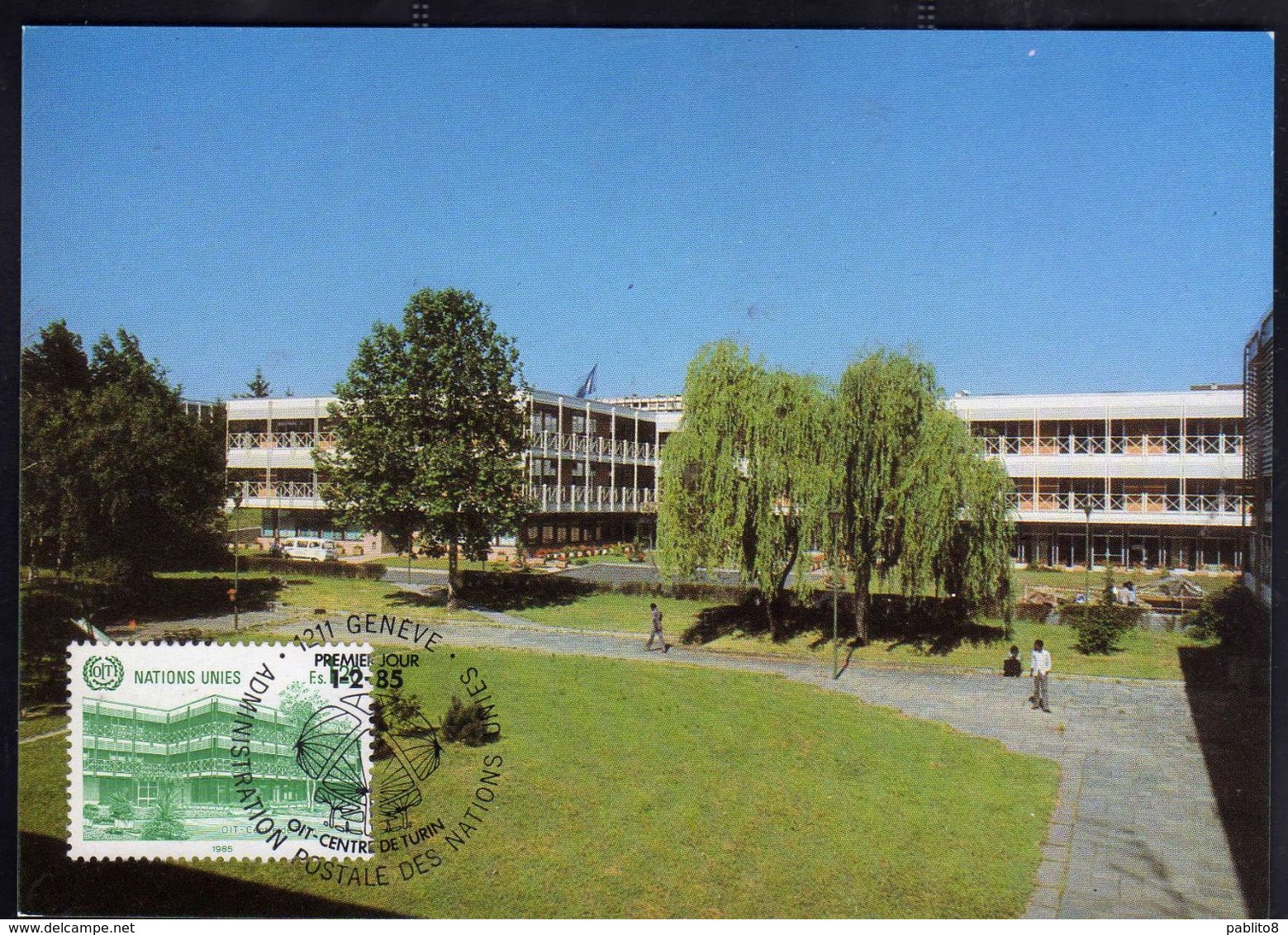 NATIONS UNIES GENEVE ONU UN UNO 1 2 1985 OIT CENTRE DE TURIN CENTER FDC MAXI CARD CARTOLINA MAXIMUM - Cartes-maximum