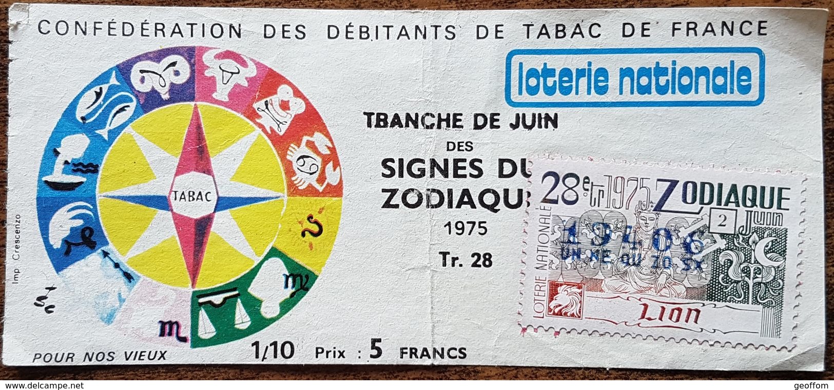 Billet De Loterie Nationale 28e Tranche De JUIN 1975 Signes Du Zodiaque LION - POUR NOS VIEUX - 1/10 Un Dixième - 5 Frs - Billetes De Lotería