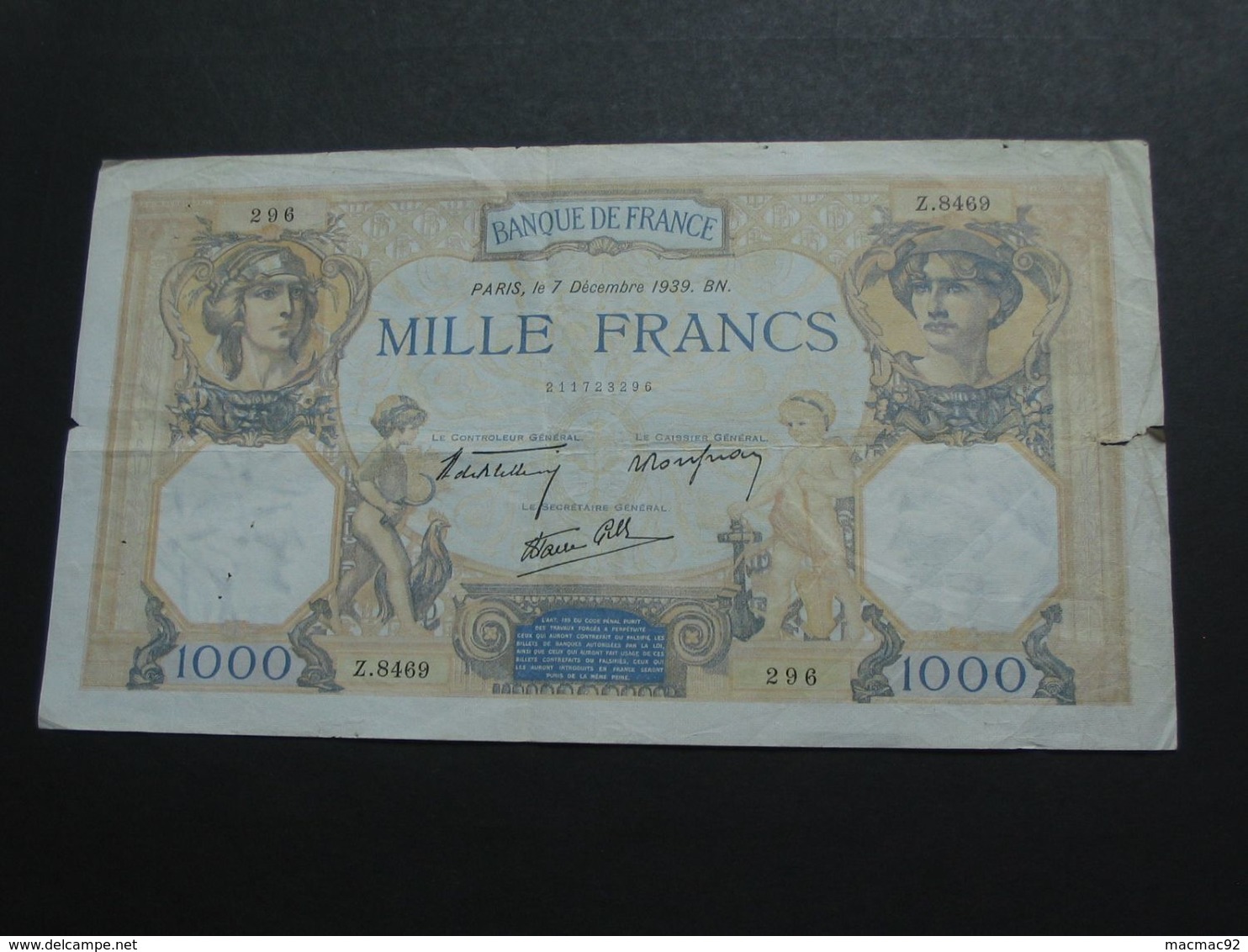 1000 Mille Francs - Cérès Et Mercure - 7 Décembre 1939  **** EN ACHAT IMMEDIAT **** - 1 000 F 1927-1940 ''Cérès Et Mercure''