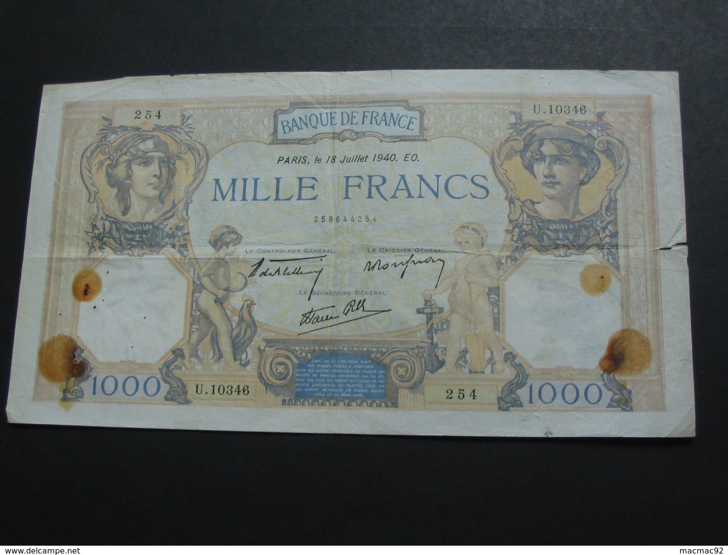 1000 Mille Francs - Cérès Et Mercure - 18 Décembre 1940  **** EN ACHAT IMMEDIAT **** - 1 000 F 1927-1940 ''Cérès Et Mercure''