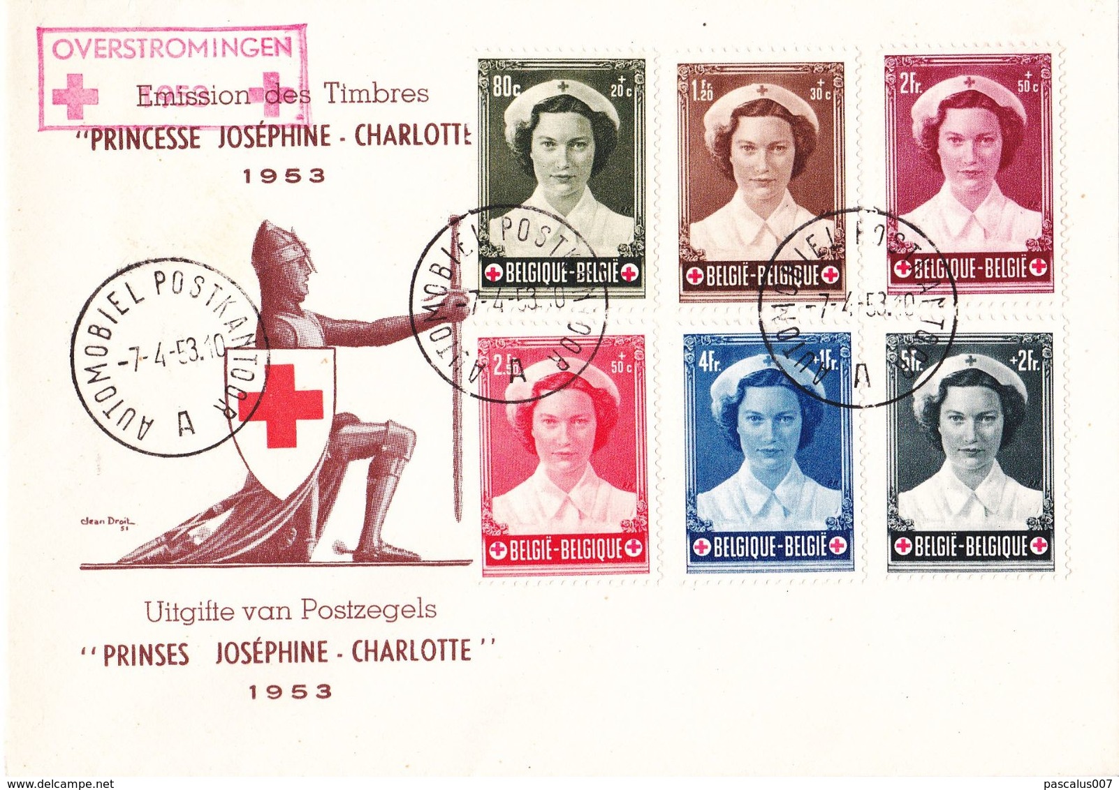 B01-171 912 917 PC  Commémoratif  Overstromingen Inondations Croix-Rouge Joséphine Charlotte Princesse 07-4-1953 A Autom - Ohne Zuordnung