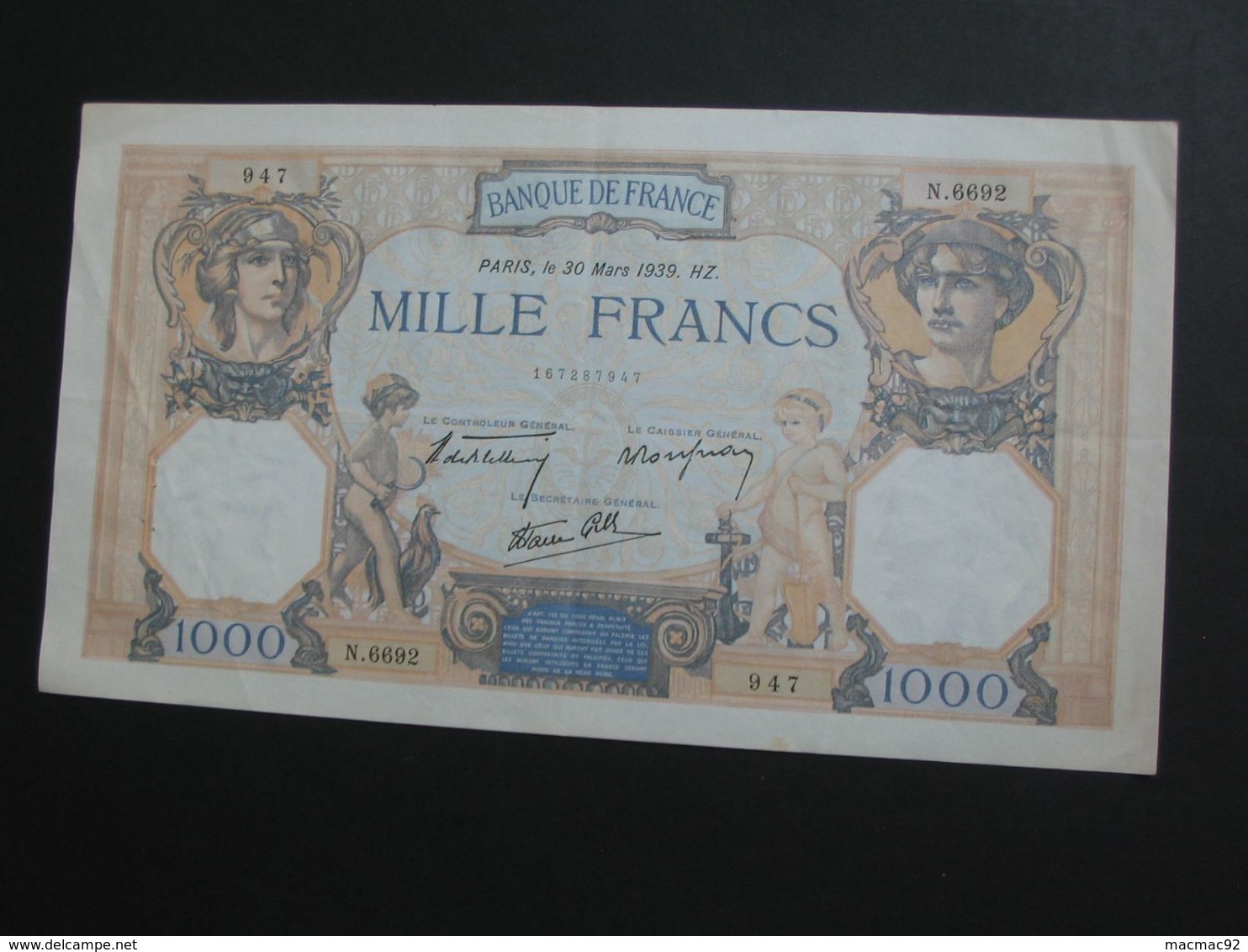 MAGNIFIQUE ET PRESQUE NEUF -----1000 Mille Francs - Cérès Et Mercure - 30 Mars  1939  **** EN ACHAT IMMEDIAT **** - 1 000 F 1927-1940 ''Cérès Et Mercure''