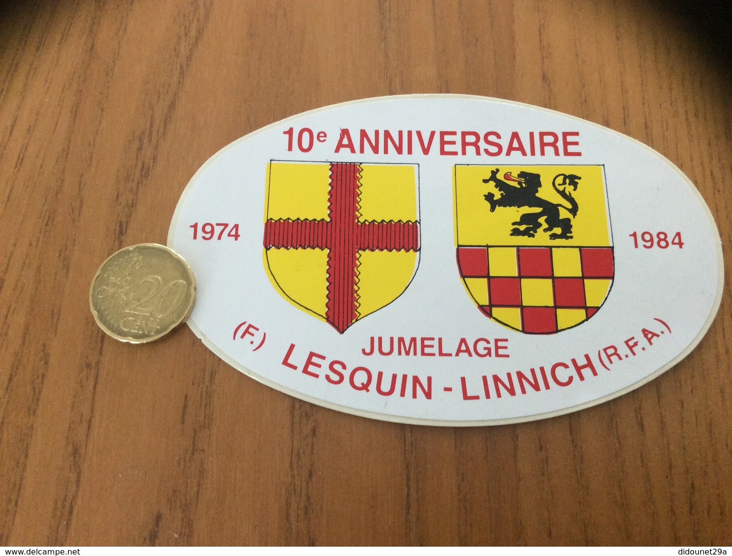 AUTOCOLLANT, Sticker «10e ANNIVERSAIRE 1974 1984 - JUMELAGE LESQUIN (59) LINNICH (RFA, Allemagne)» (blason) - Aufkleber