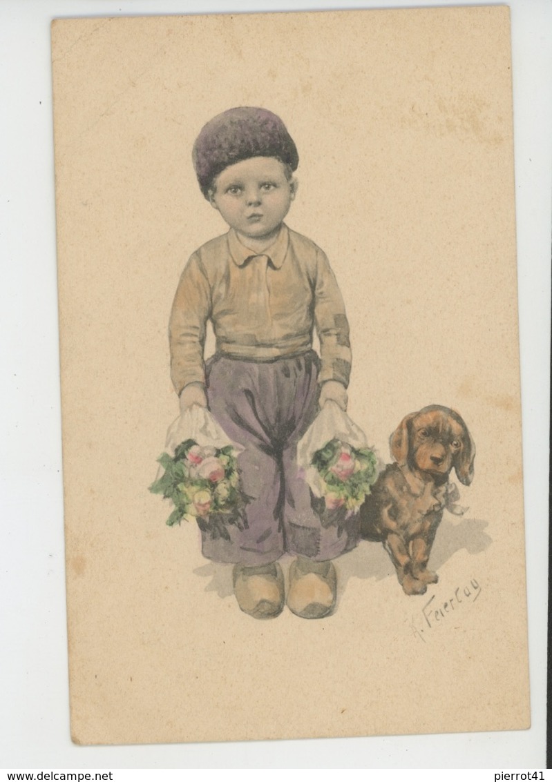 ENFANTS -DOG - Jolie Carte Fantaisie Viennoise Petit Garçon Avec Fleurs Et Chien Signée FEIERTAG - B K W I 616 4 - Feiertag, Karl