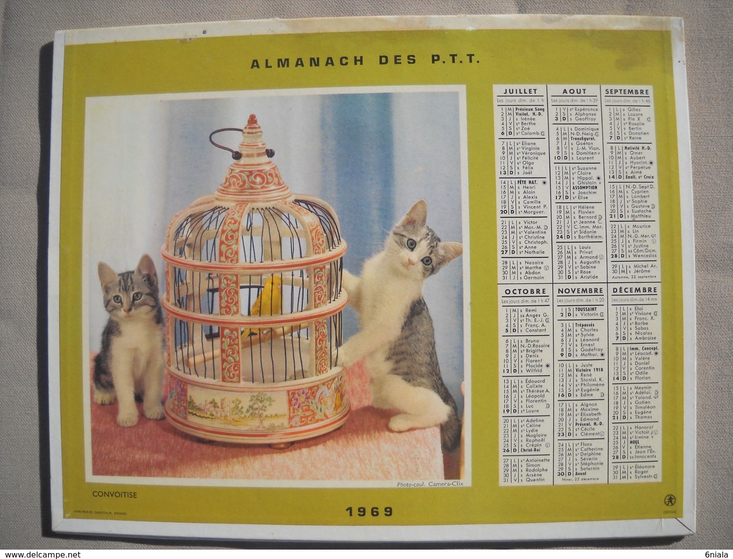 1614 Calendrier Du Facteur PTT 1969   Illustration Petit Chien, Chats Cage - Tamaño Grande : 1961-70