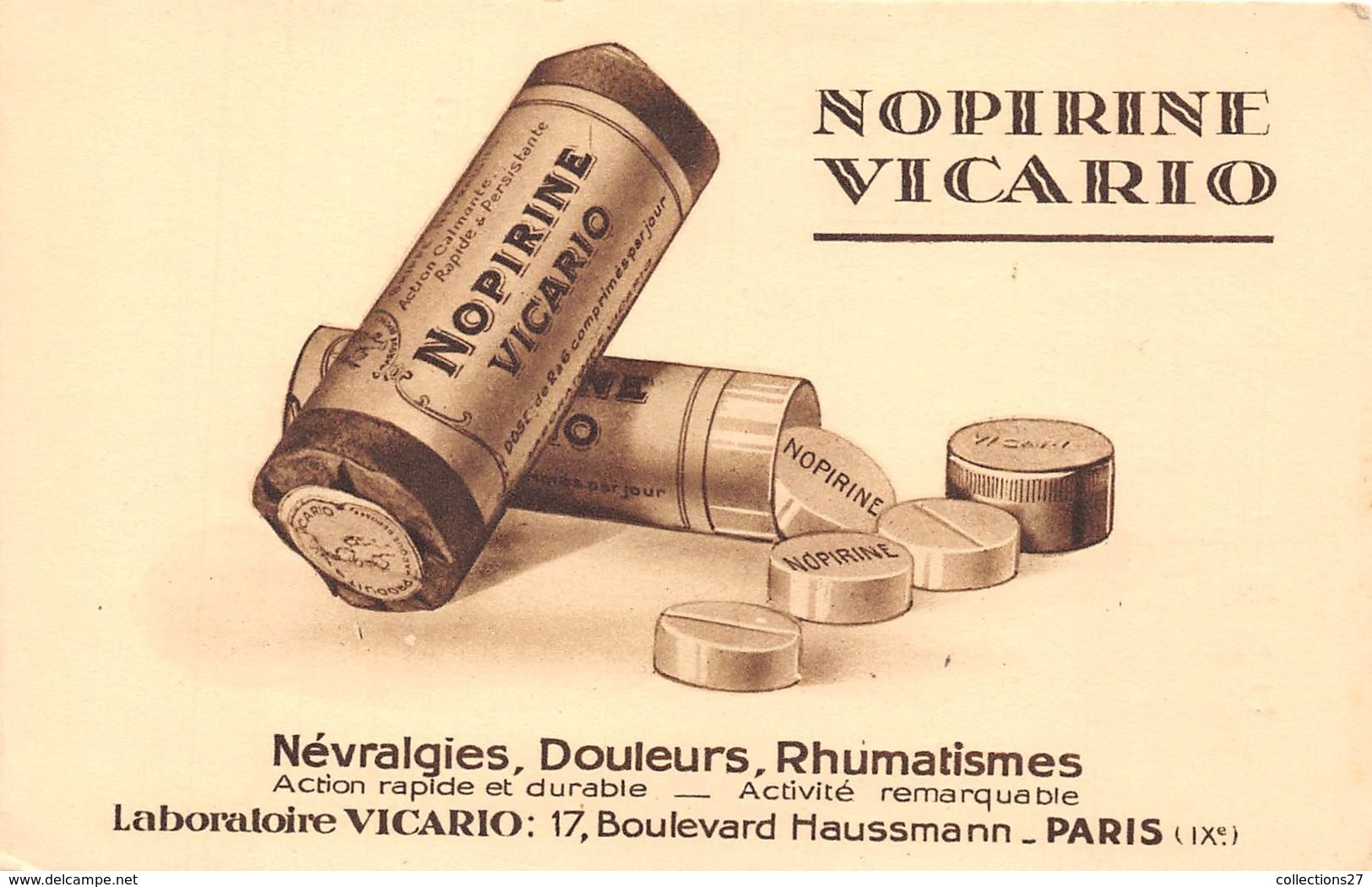 75009-PARIS-17 BLD HAUSMANN- LABORATOIRE VICARIO, NEVRALGIES, DOULEURS, RHUMATISMES, NOPIRINE VICARIO - Arrondissement: 09