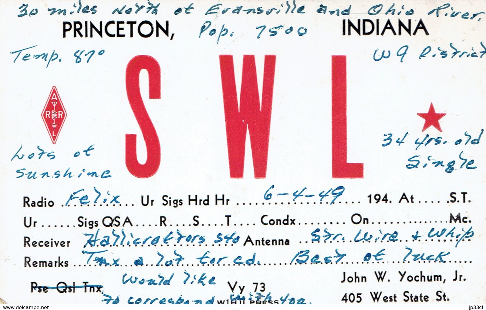 Old QSL From John W. Yochum Jr,, West State St., Princeton, Indiana, USA, 6/4/1949 - CB