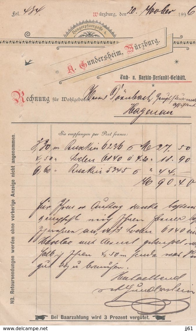 WURZBURG A GUNDERSHEIM TUCH UND BURKKIN DERFAUDT GESCHAFT ANNEE 1896  A MR DERNBACH HAGUENAU - Sonstige & Ohne Zuordnung