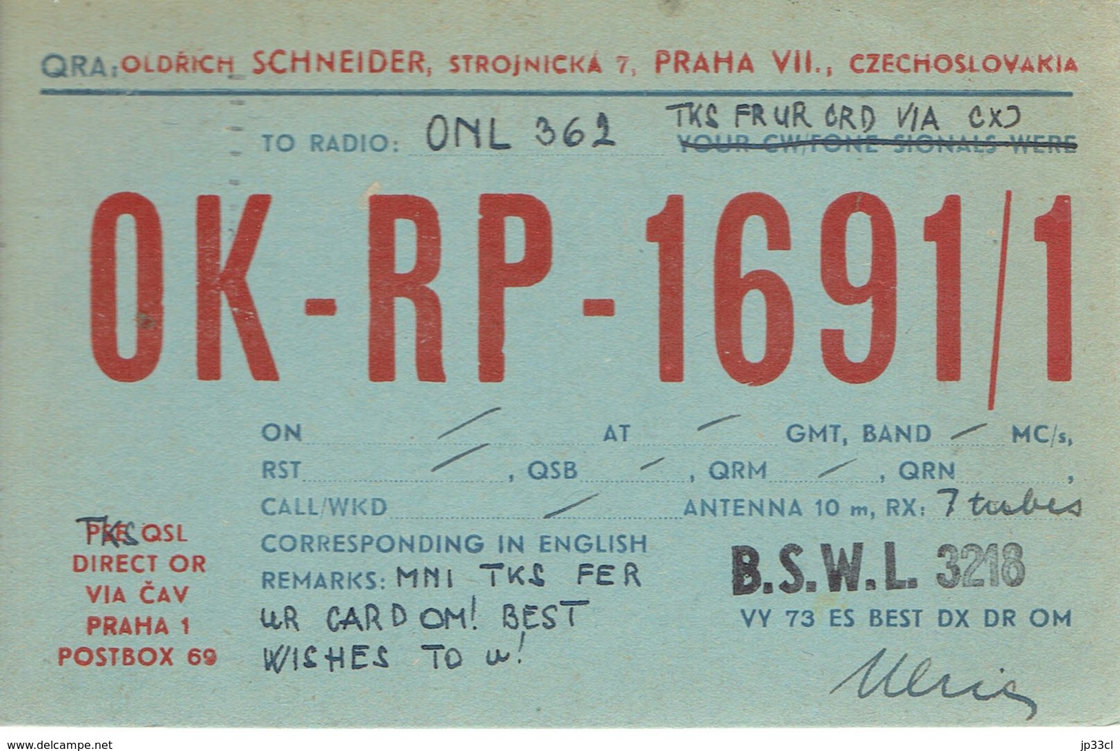 Old QSL From Oldrich Schneider OK-RP-1691/1 Strojnicka Praha Prague Czechoslovakia (3/9/1947) - CB-Funk