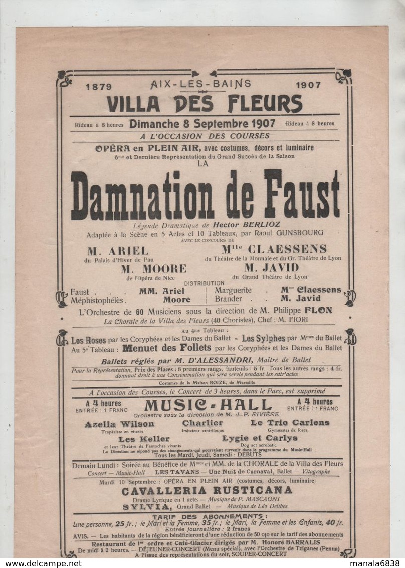 Affiche Aix Les Bains 1907 Villa Des Fleurs Opéra Damnation De Faust Claessens Moore Javid Ariel Flon - Affiches