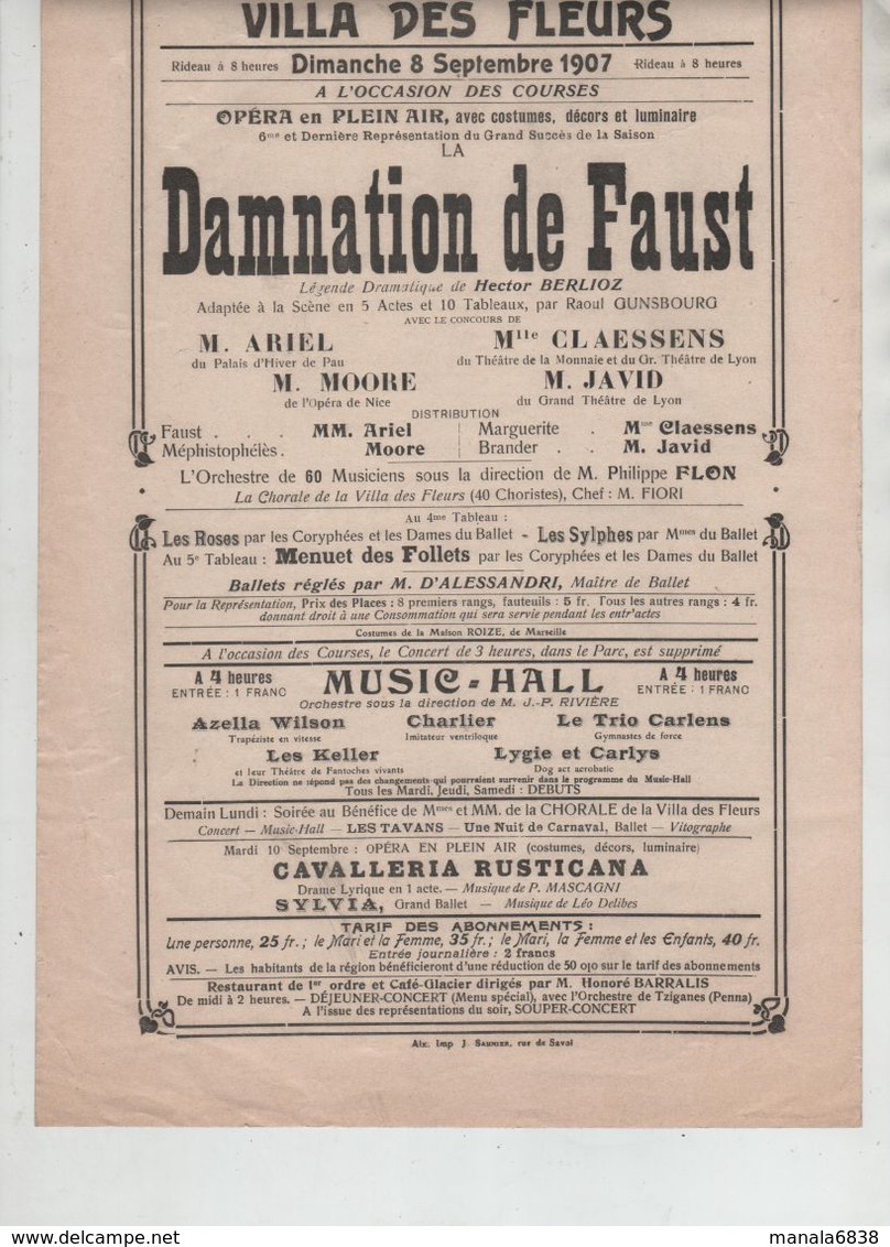 Affiche Aix Les Bains 1907 Villa Des Fleurs Opéra Damnation De Faust Claessens Moore Javid Ariel Flon - Affiches