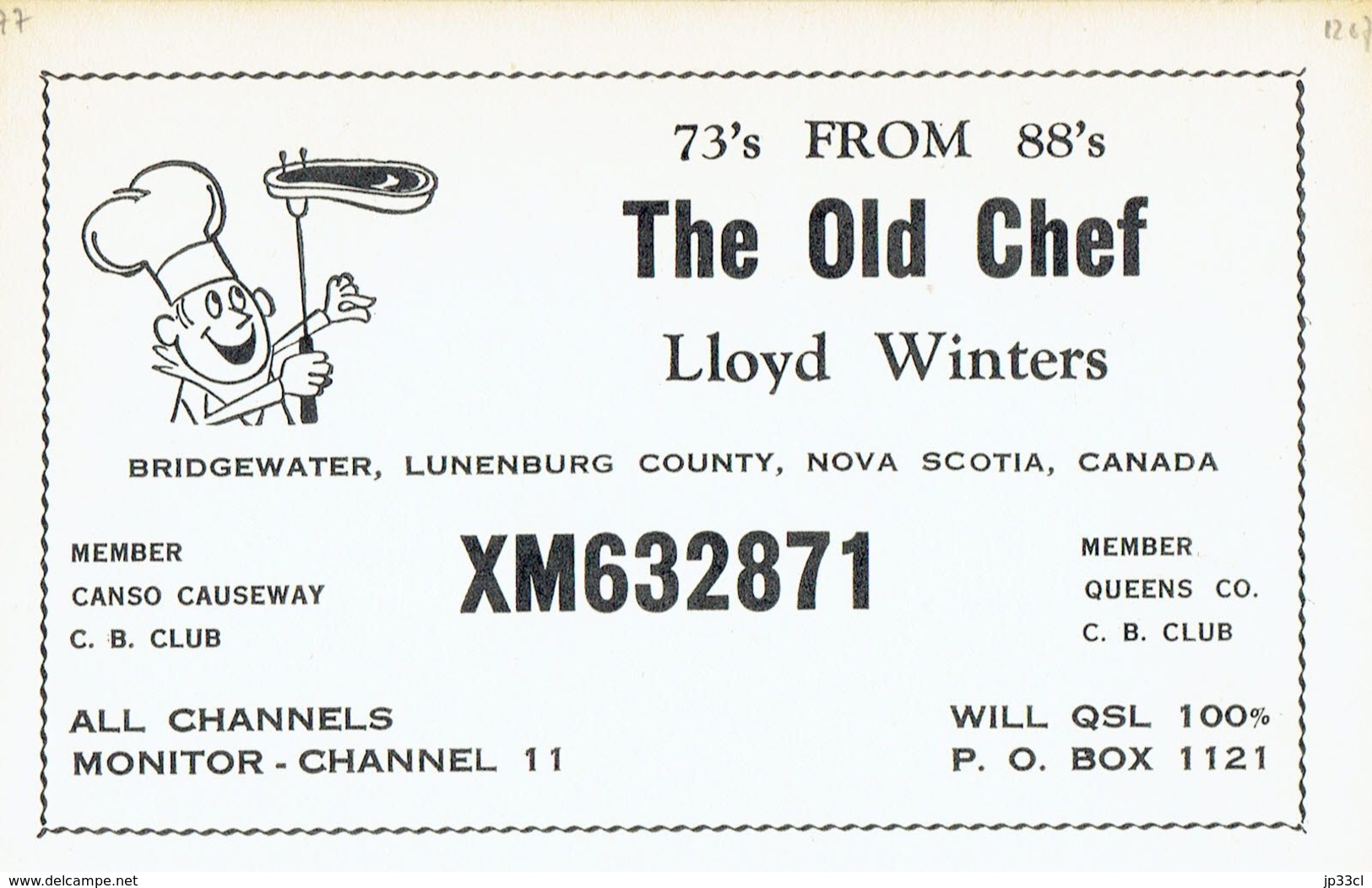 Old QSL From Lloyd Winters "The Old Chef" Bridgewater, N.S., Canada, XM6322871 (Dec 67) - CB