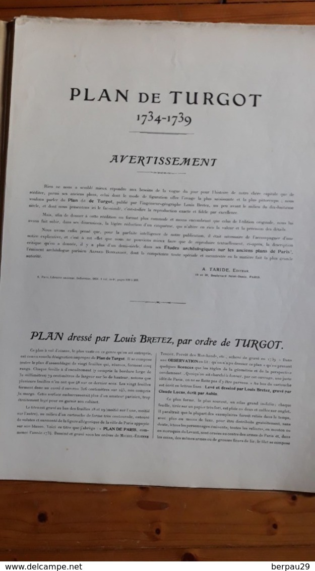 PLAN De PARIS  TURGOT - 20 PLANCHES PAR LOUIS BRETEZ -  A. TARIDE Editeur Vers 1851 - - Altri Disegni