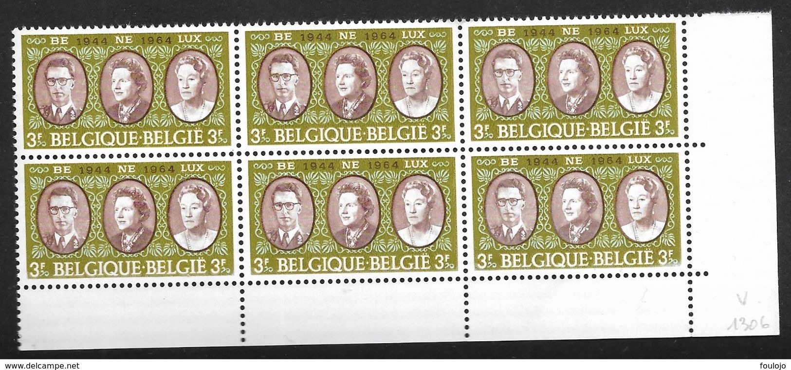 1306 En Bloc De 6 Coin De Feuille -V1 Perle Supplémentaire P5 T25 - V2 Le 9 De 1964 Déformé P4 T23  (Alb. Noir N° 49) - Sonstige & Ohne Zuordnung