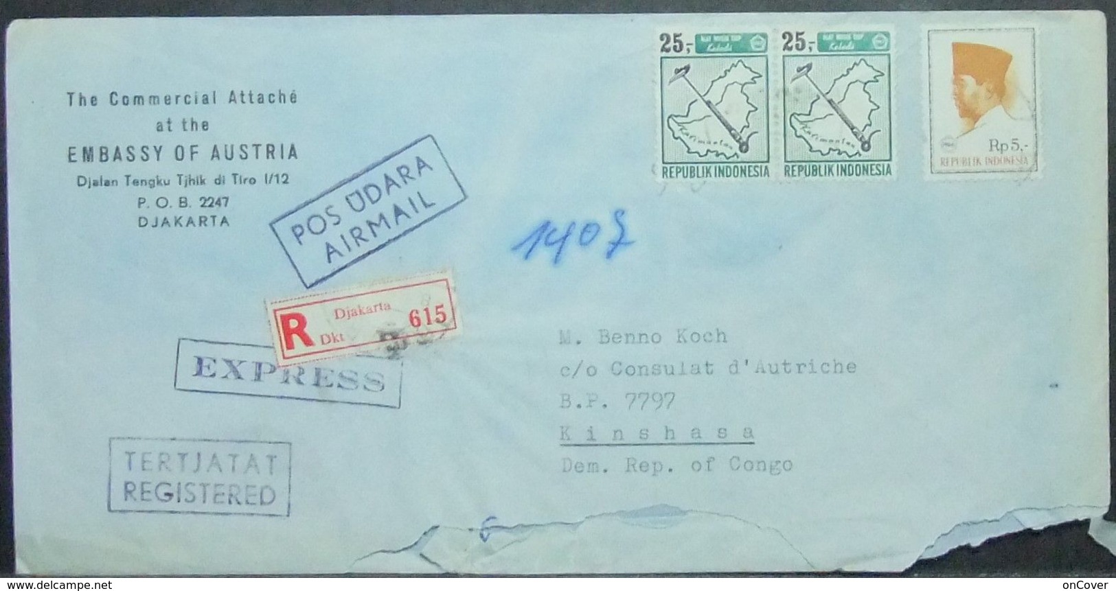 Indonesia - Express Registered Cover To Congo 1967 Map Embassy Of Austria - Indonesia