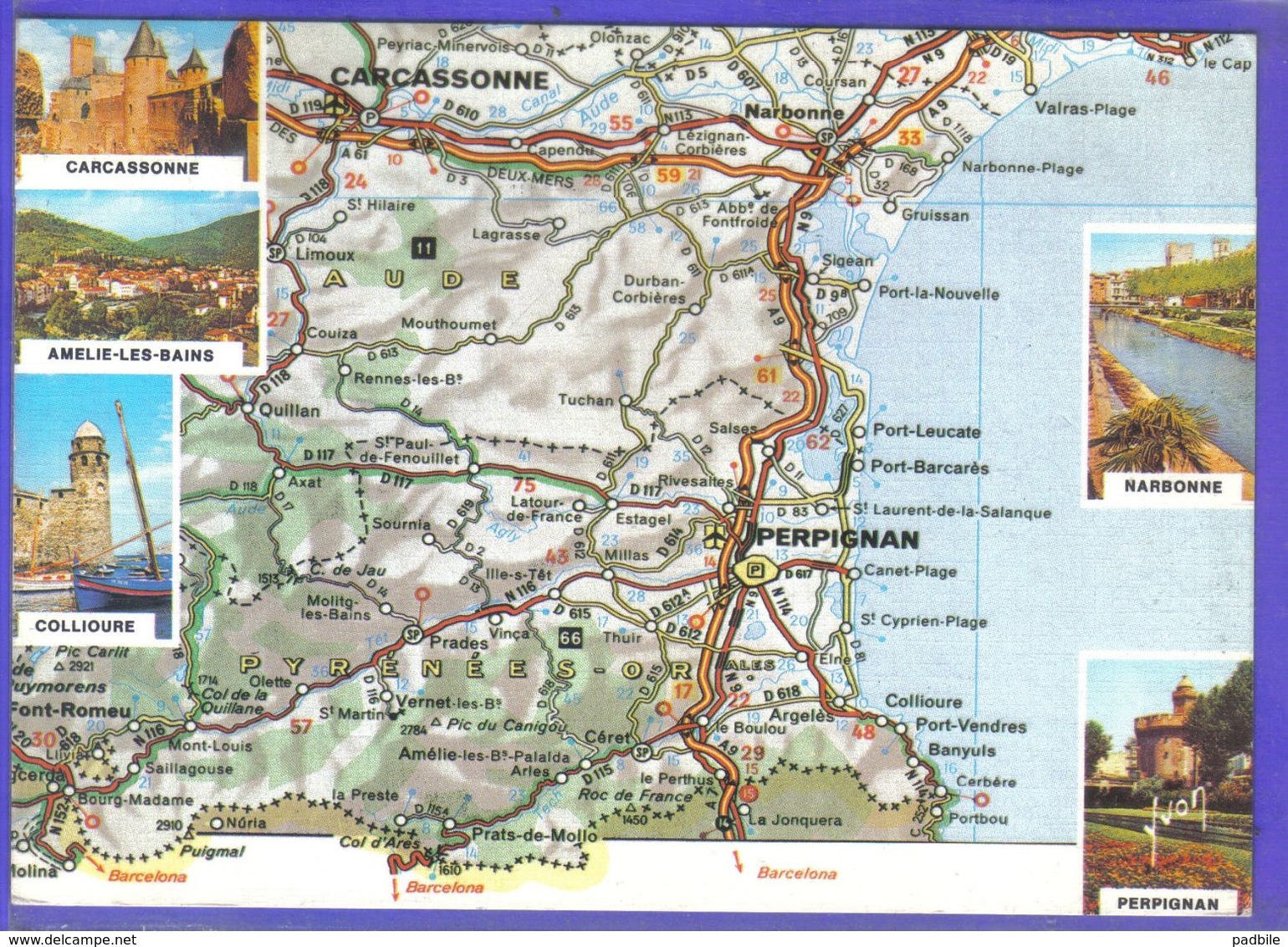 Carte Postale Géographique D'après Carte Michelin N°999 Languedoc Roussillon Carcassonne Perpignan Et Ses Environs - Mapas