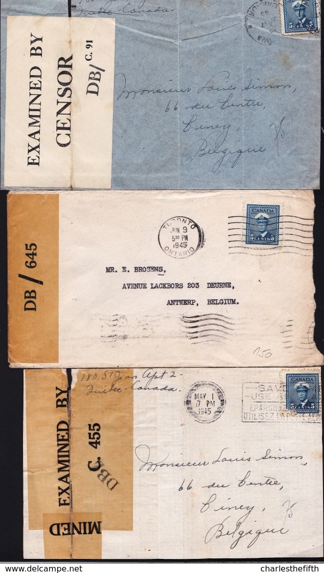 6 X FRONT OF CANADA CENSOR LETTER 1945 TO BELGIUM ( Ciney - Anvers )  - Different Censornumbers - See 3 Scans - Cartas & Documentos