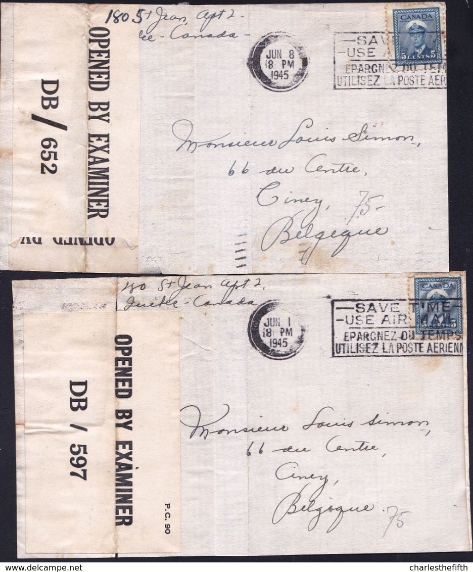 6 X FRONT OF CANADA CENSOR LETTER 1945 TO BELGIUM ( Ciney - Anvers )  - Different Censornumbers - See 3 Scans - Cartas & Documentos