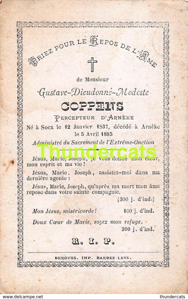 GUSTAVE DIEUDONNE MODESTE COPPENS PERCEPTEUR D'ARNEKE SOCX 1837 ARNEKE 1885 BERGUES BARBEZ LEYS BOUASSE PARIS - Images Religieuses