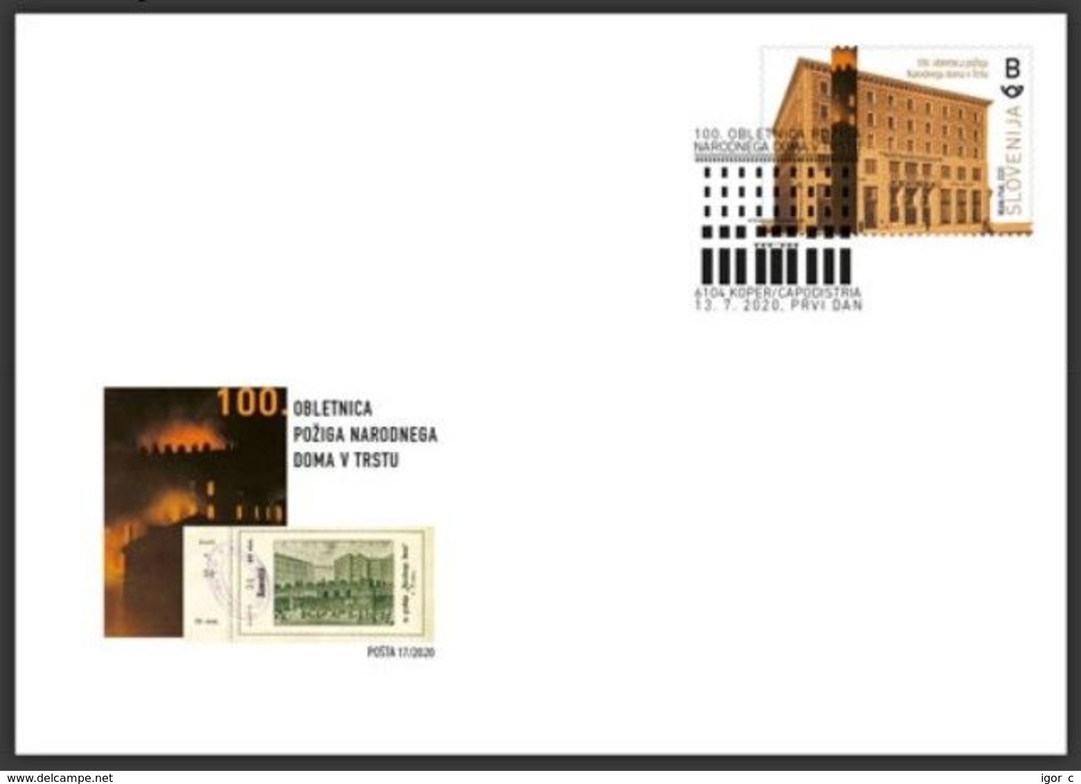 Slovenia Slowenien Slovenie 2020: FDC Cover; Architecture Culture; Slovene National Home Trieste; Burnt By Fascists 1920 - Slovenia