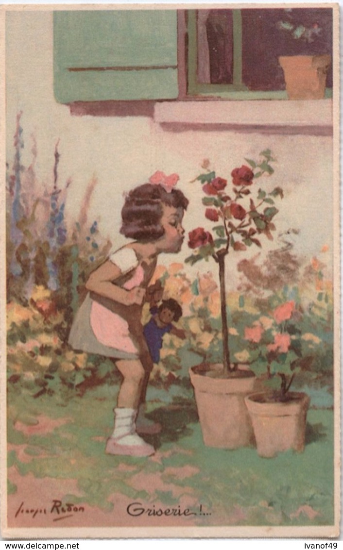 Illust. Georges REDON - CPA  - Broderies - Petite Fille Humant Le Parfum Des Roses - Redon
