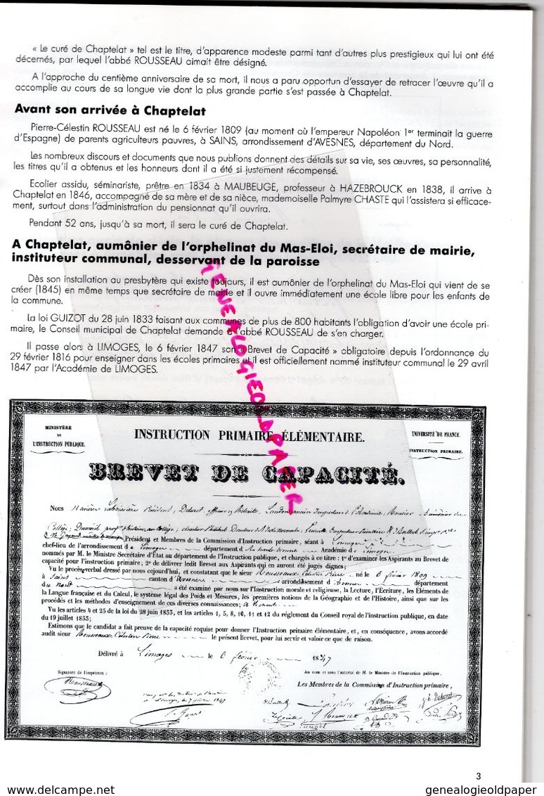 87 - CHAPTELAT - LE MAS ELOI- LE CURE PIERRE CELESTIN ROUSSEAU FONDATEUR DIRECTEUR DE L' ECOLE- - Limousin