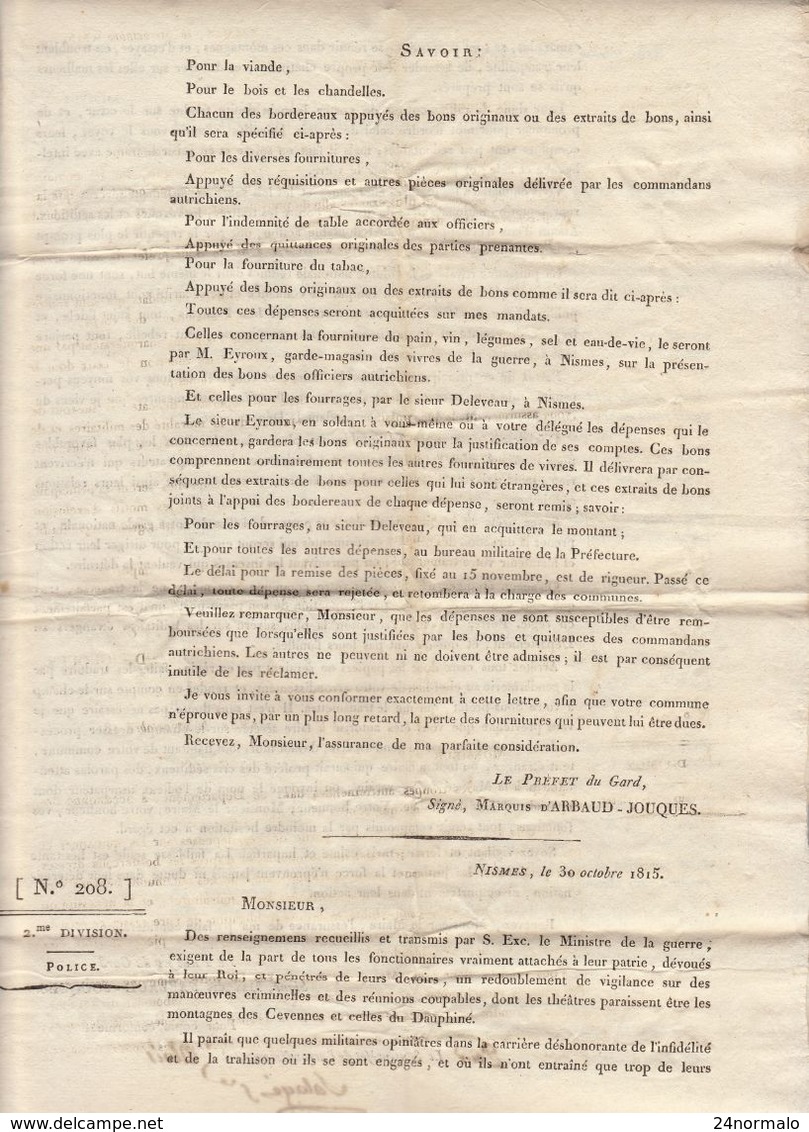 2è Restauration, Gard, Oct. 1815 : Complots Anti-royalistes En Cévennes Et  Dauphiné (4 Scans) - Historische Dokumente