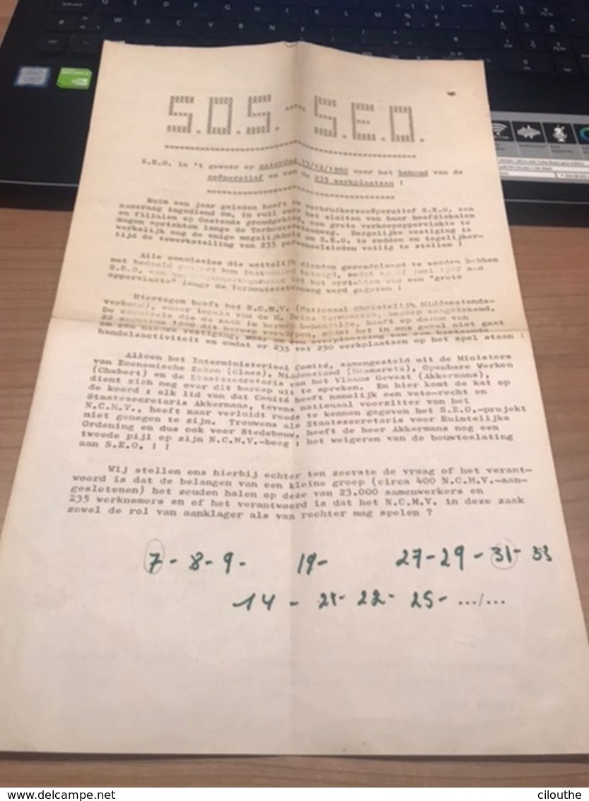 SOS S.E.O 1980 OOSTENDE Brief Staking Tegen De Sluiting - Oostende