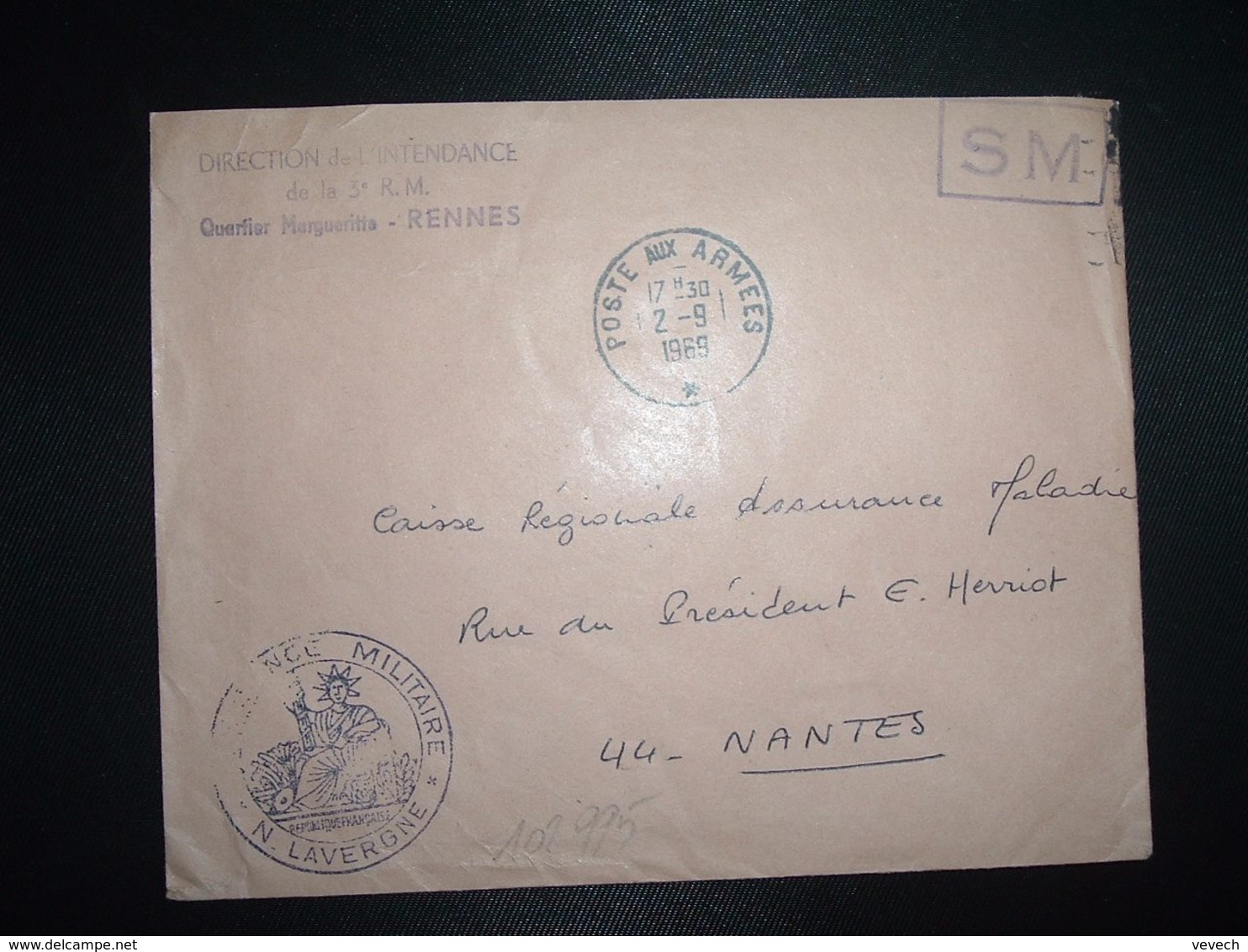 LETTRE OBL.2-9 1969 POSTE AUX ARMEES DIRECTION DE L'INTENDANCE De La 3e R.M. RENNES (35)+INTENDANCE N. LAVERGNE - Military Postmarks From 1900 (out Of Wars Periods)