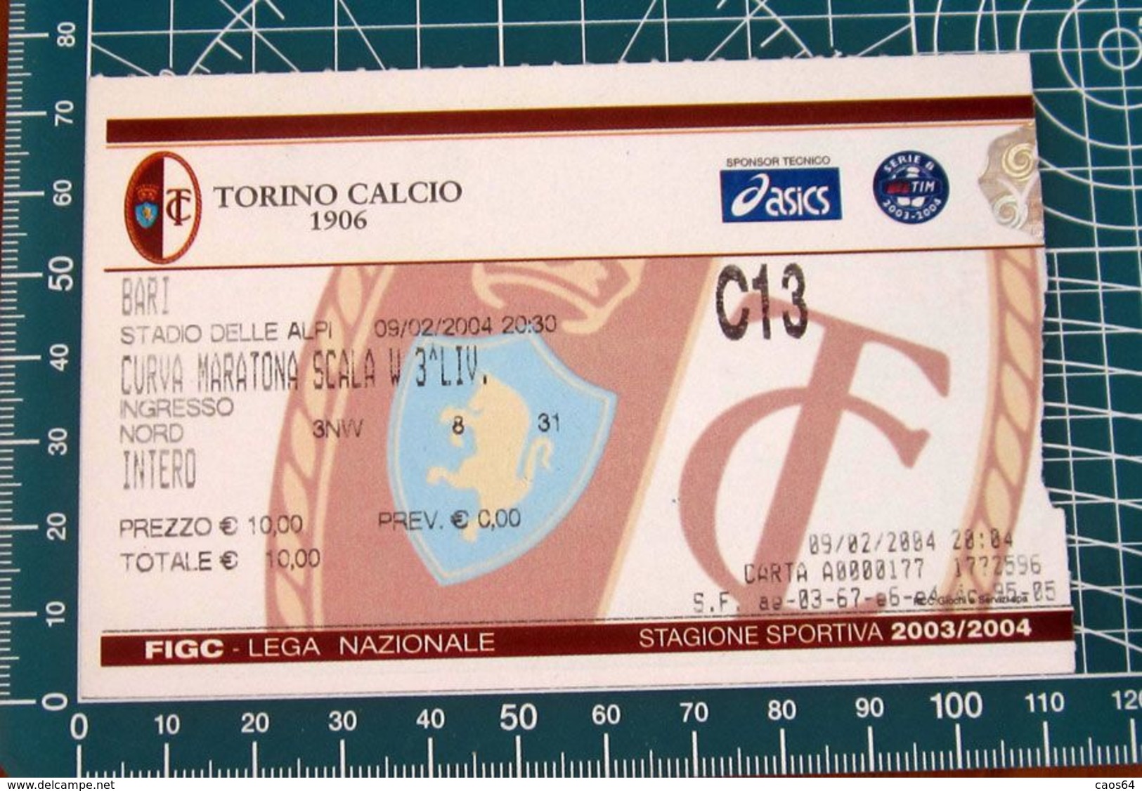 Calcio Biglietto Ticket TORINO Vs BARI Curva Maratona Stadio Delle Alpi 09/02/2004 - Biglietti D'ingresso