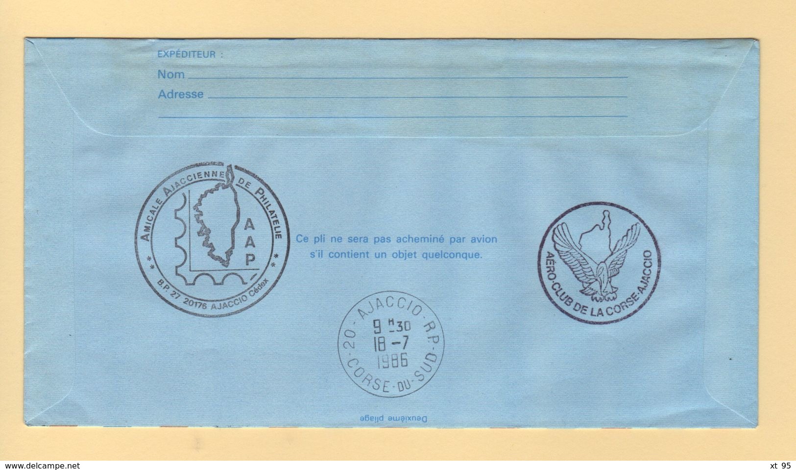 Poste Aerienne - Courrier Transporte Par ULM - Corse - Prorpiano A Ajaccio - 1986 - 1960-.... Lettres & Documents