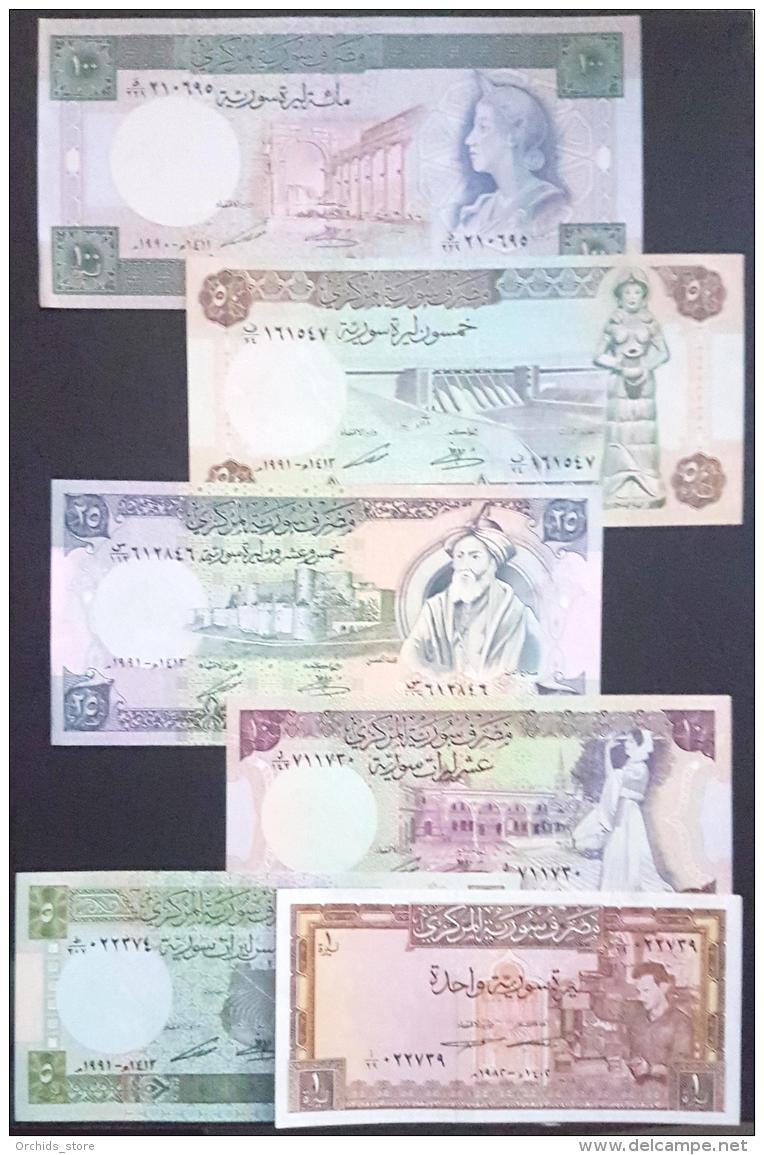 HX - Syria 1991-92 Set - 6 Diff Bankotes All UNC : 1 (1982) / 5 / 10 / 25 / 50 / 100 (1990) Livres UNC - Syrien