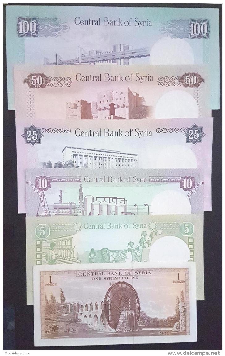 HX - Syria 1991-92 Set - 6 Diff Bankotes All UNC : 1 (1982) / 5 / 10 / 25 / 50 / 100 (1990) Livres UNC - Syrien