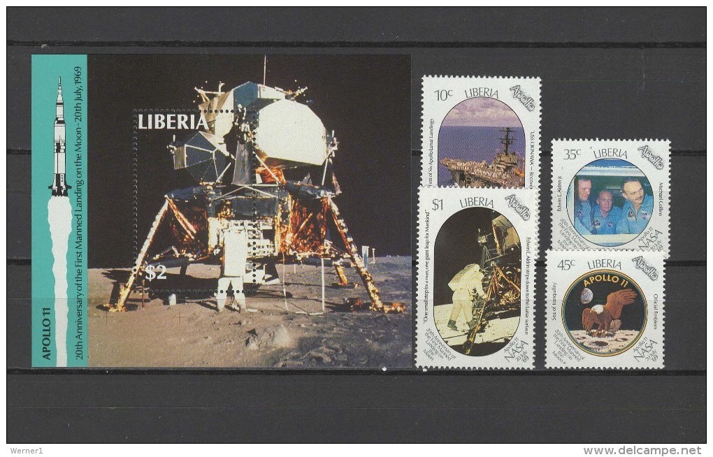 Liberia 1989 Space Apollo 20th Anniversary Moon Landing Set Of 4 + S/s MNH - Afrika