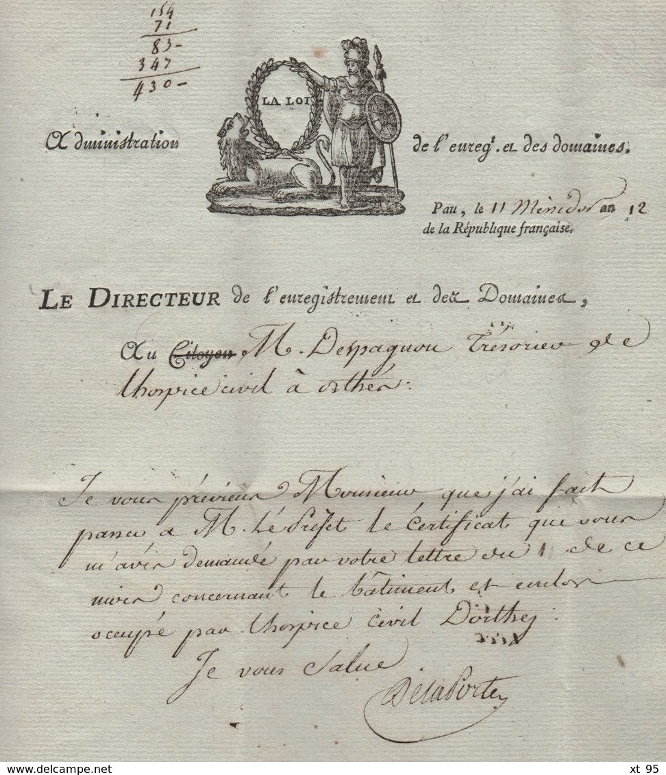 Pau - 64 - Basses Pyrenees - Courrier De L An 12 De L Enregistrement Des Domaines Pour L Hospice Civil - 1801-1848: Precursori XIX