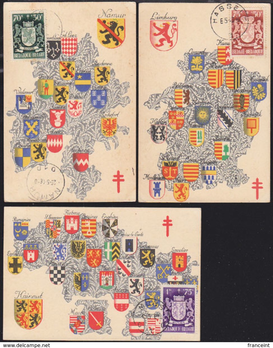 BELGIUM (1945) Coats Of Arms. Set Of 9 Maximum Cards With Thematic Cancels. Scott Nos B408-16. Some Toning Present. - 1934-1951