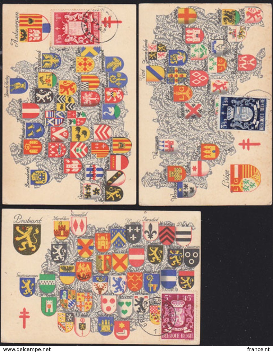 BELGIUM (1945) Coats Of Arms. Set Of 9 Maximum Cards With Thematic Cancels. Scott Nos B408-16. Some Toning Present. - 1934-1951